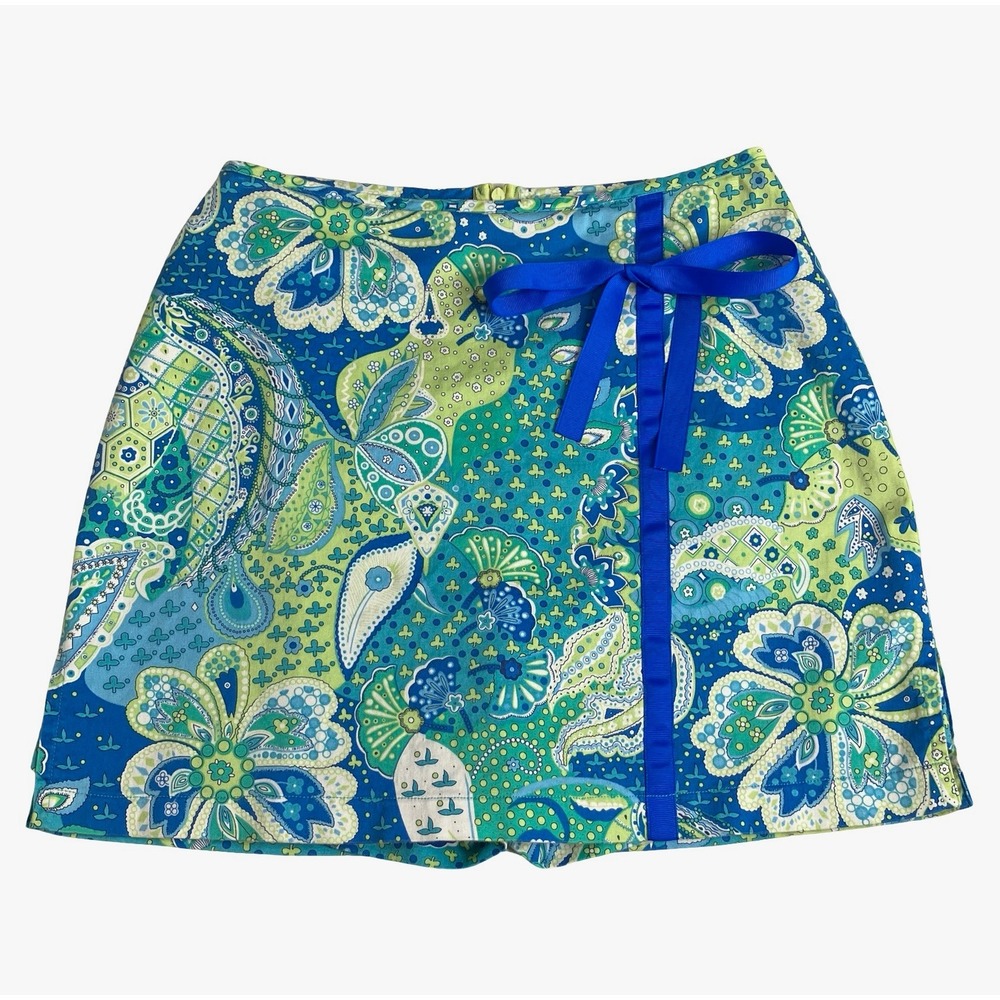 Jennifer & Grace Mini Skirt Skort Womens 4 Blue Green Paisley Ribbon Preppy Boho